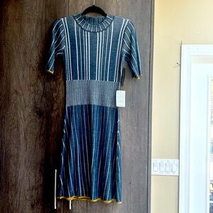 NWT Donna Morgan Contrast Trim Knit Elbow Sleeve Mock Neck Dress Navy Gold Small